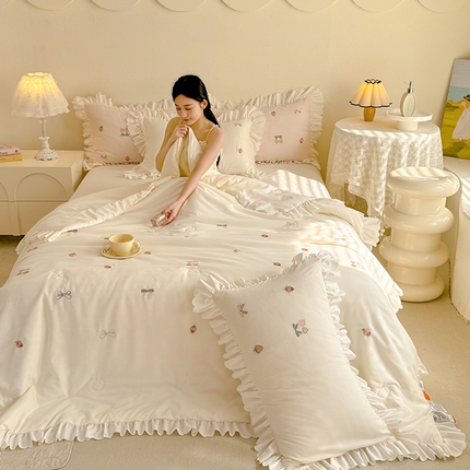 丝印良品 2025针织提花绣花小清新夏被四件套 草莓-奶白