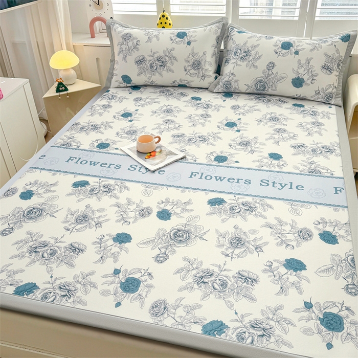 91家纺网 家纺一手货源 找家纺 雯豆2025春夏新款碳光冰丝席三件套A类凉感印花三明治凉席 碳光冰丝席-绑带款-诗韵-1