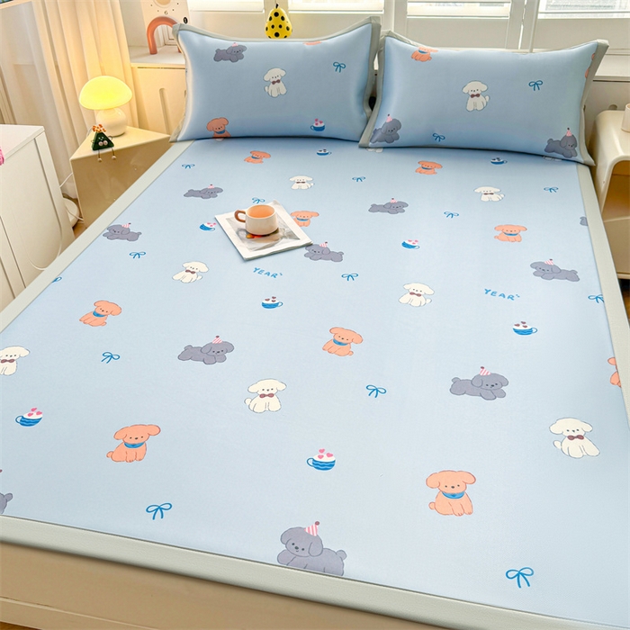 91家纺网 家纺一手货源 找家纺 雯豆2025春夏新款碳光冰丝席三件套A类凉感印花三明治凉席 碳光冰丝席-绑带款-旺财-1