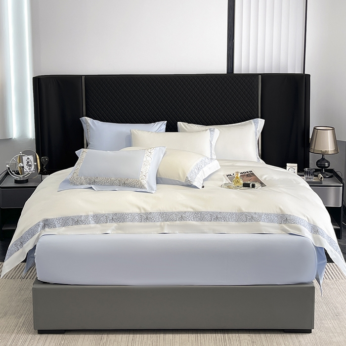 91家纺网 家纺一手货源 找家纺 2025新款A类100支长绒棉夹棉床盖床笠四件套全棉纯棉床单加厚高端重工刺绣四季款床上用品 诺兰-白蓝