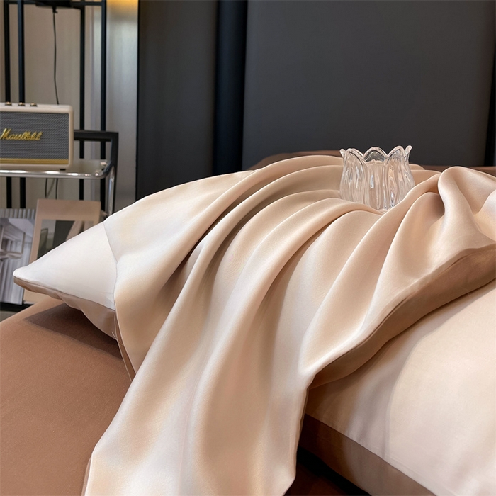 91家纺网 家纺一手货源 找家纺 雯豆天丝夏被纯色拼色A类莱赛尔凉感被子轻奢夏凉被子四件套 洛神珠-香槟金+摩咖色