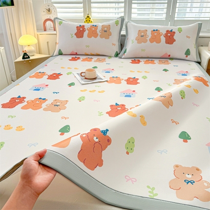 雯豆2025春夏新款碳光冰丝席三件套A类凉感印花三明治凉席 碳光冰丝席-绑带款-小熊伙伴