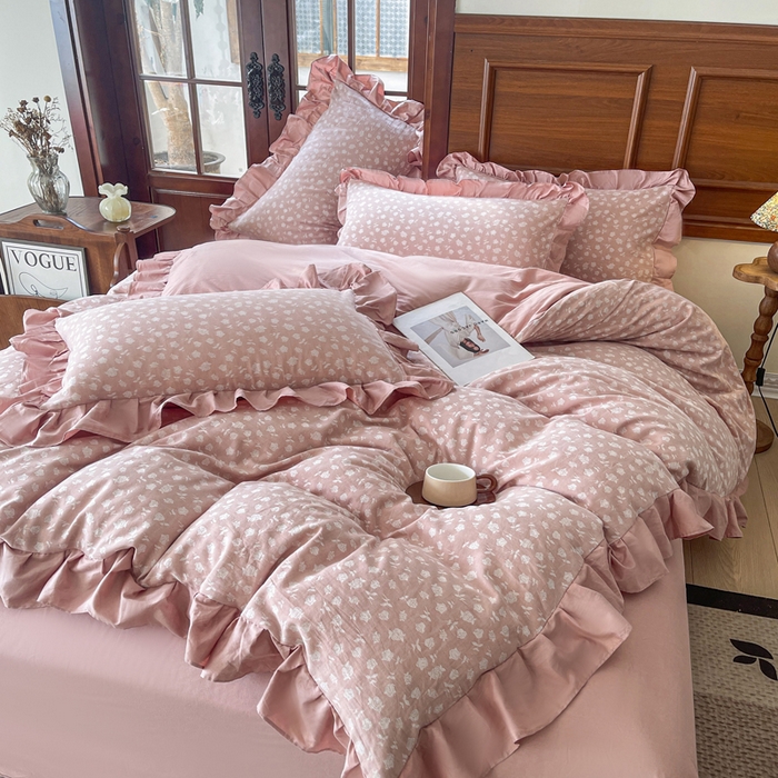 91家纺网 家纺一手货源 找家纺 锦格家纺 2025年春夏新款A类全棉纯棉色织三层纱提花四件套 莫泊玫瑰