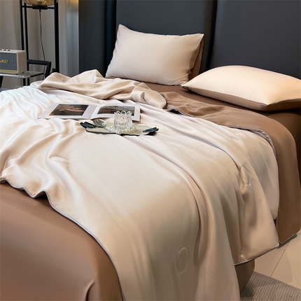 雯豆天丝夏被纯色拼色A类莱赛尔凉感被子轻奢夏凉被子四件套 洛神珠-香槟金+摩咖色