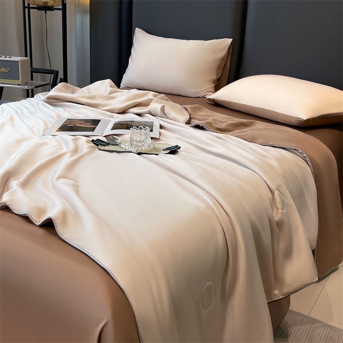 91家纺网 家纺一手货源 找家纺 雯豆天丝夏被纯色拼色A类莱赛尔凉感被子轻奢夏凉被子四件套 洛神珠-香槟金+摩咖色