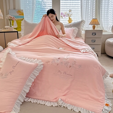 绒世界 绒世界 2025针织提花绣花小清新夏被四件套 童话-珊瑚粉