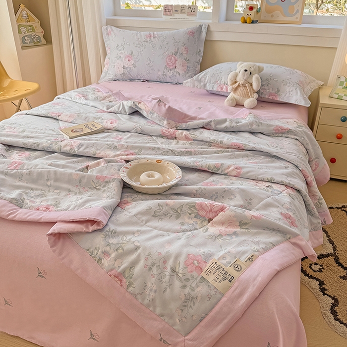 91家纺网 家纺一手货源 找家纺 梦依依 2025新款小清新印花系列里外全棉棉花被夏被四件套 华庭庄园-蓝