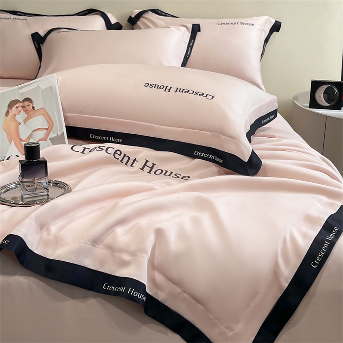 91家纺网 家纺一手货源 找家纺 笙意家纺 2025新款水洗冰丝夏被四件套-卡瑞娜系列 奶油粉