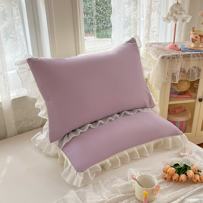 91家纺网 家纺一手货源 找家纺 梦舒羽  2025新款针织棉双层纱花边枕头套双人枕套枕芯套宿舍单人枕头内胆套 花边款-香芋紫