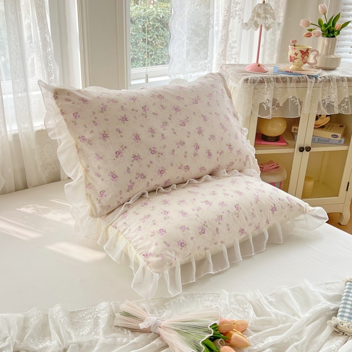 91家纺网 家纺一手货源 找家纺 梦舒羽  2025新款针织棉双层纱花边枕头套双人枕套枕芯套宿舍单人枕头内胆套 花边款-花朝如约