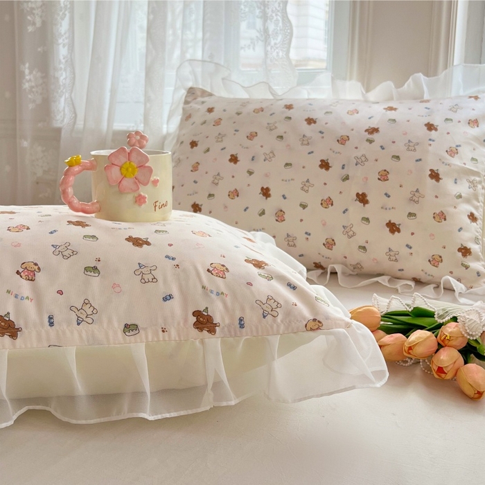 91家纺网 家纺一手货源 找家纺 梦舒羽  2025新款针织棉双层纱花边枕头套双人枕套枕芯套宿舍单人枕头内胆套 花边款-蛋糕萌犬