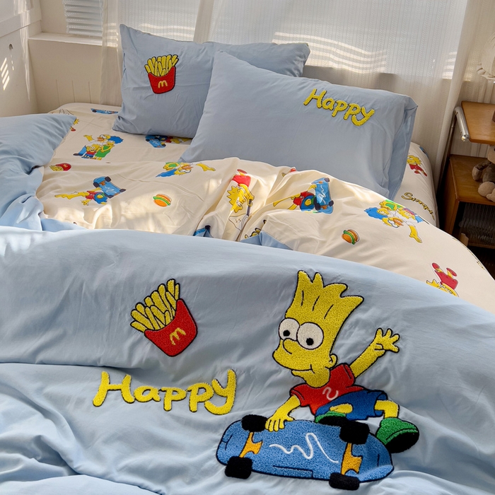 91家纺网 家纺一手货源 找家纺 罗亿家纺 2025新款云朵棉可爱毛巾绣系列四件套 调皮辛普森