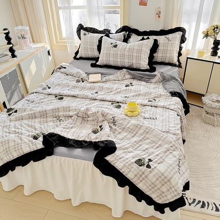 家贝爱 2025新款泡泡纱水洗棉花边床单/床裙款夏被四件套夏凉被 黛黑甜心