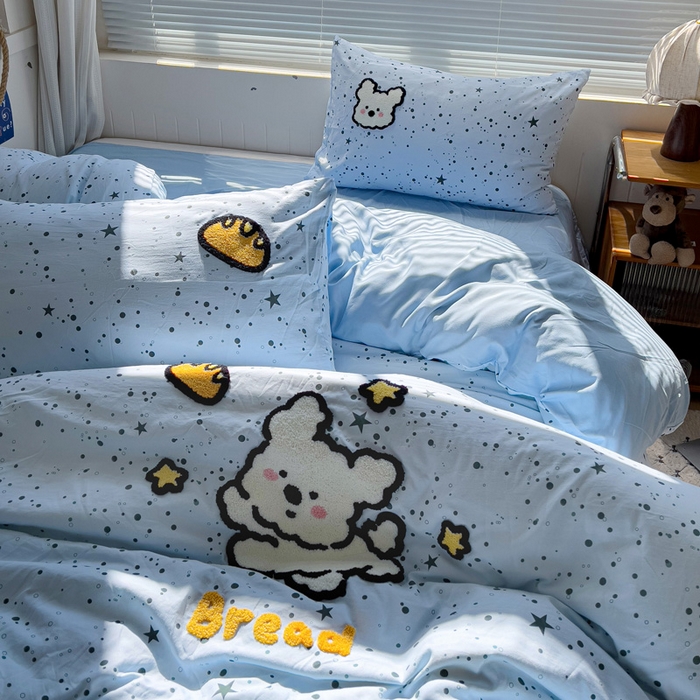 91家纺网 家纺一手货源 找家纺 罗亿家纺 2025新款云朵棉可爱毛巾绣系列四件套 星空线条狗