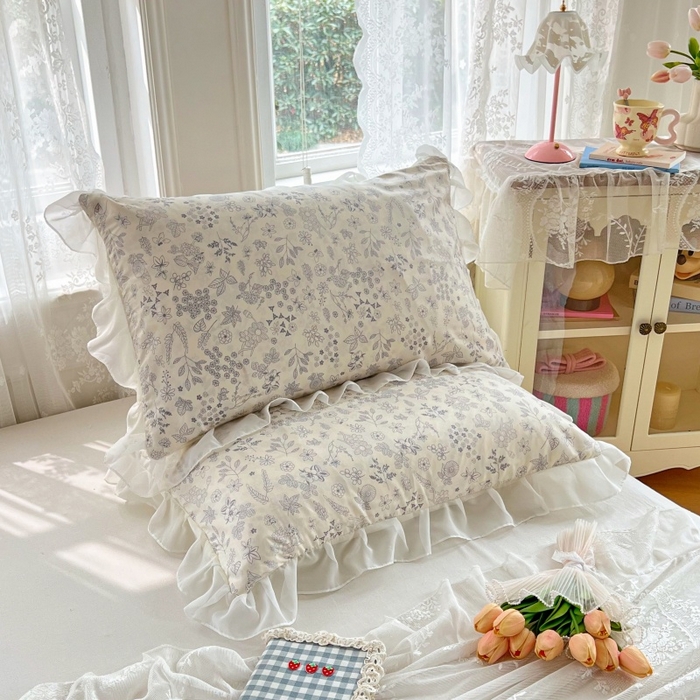 91家纺网 家纺一手货源 找家纺 梦舒羽  2025新款针织棉双层纱花边枕头套双人枕套枕芯套宿舍单人枕头内胆套 花边款-镜花水月