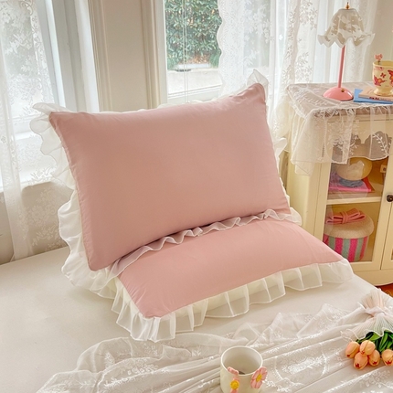 梦舒羽  2025新款针织棉双层纱花边枕头套双人枕套枕芯套宿舍单人枕头内胆套 花边款-浅粉