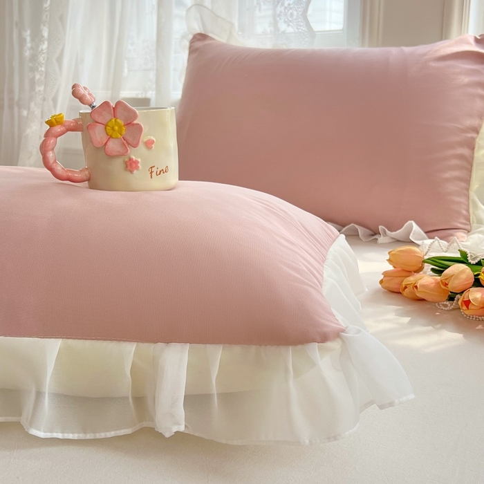 91家纺网 家纺一手货源 找家纺 梦舒羽  2025新款针织棉双层纱花边枕头套双人枕套枕芯套宿舍单人枕头内胆套 花边款-浅粉