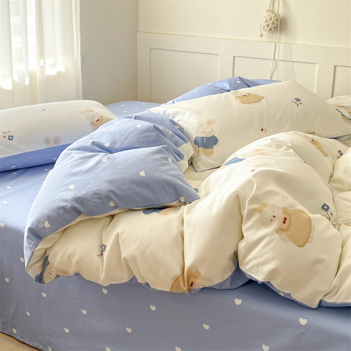 91家纺网 家纺一手货源 找家纺  本制 2025新款12868全棉印花四件套 起司兔-蓝