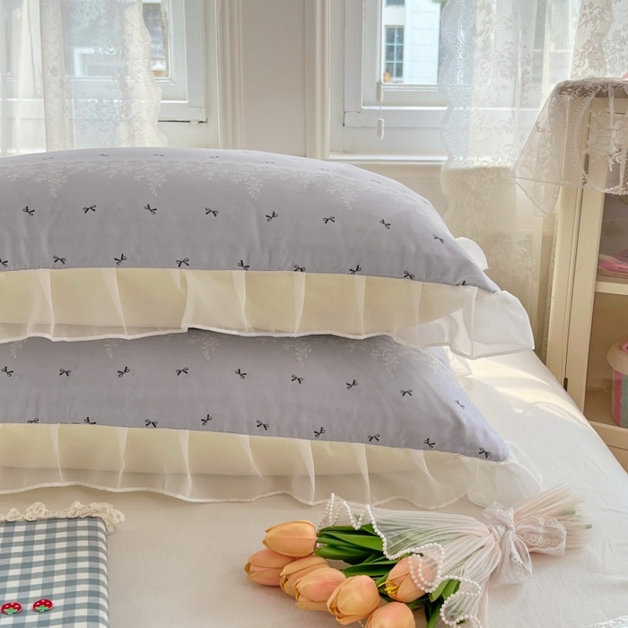 91家纺网 家纺一手货源 找家纺 梦舒羽  2025新款针织棉双层纱花边枕头套双人枕套枕芯套宿舍单人枕头内胆套 花边款-蝴蝶结