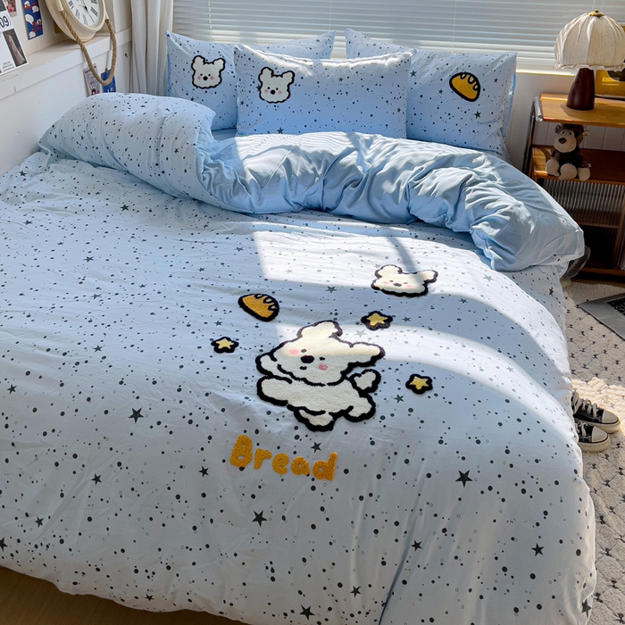 91家纺网 家纺一手货源 找家纺 罗亿家纺 2025新款云朵棉可爱毛巾绣系列四件套 星空线条狗