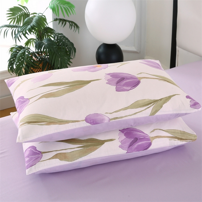 91家纺网 家纺一手货源 找家纺 梦舒羽2025新款全棉小清新印花加厚宿舍床单床裙款四件套 紫色郁金香-全棉