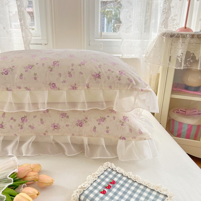 91家纺网 家纺一手货源 找家纺 梦舒羽  2025新款针织棉双层纱花边枕头套双人枕套枕芯套宿舍单人枕头内胆套 花边款-花朝如约