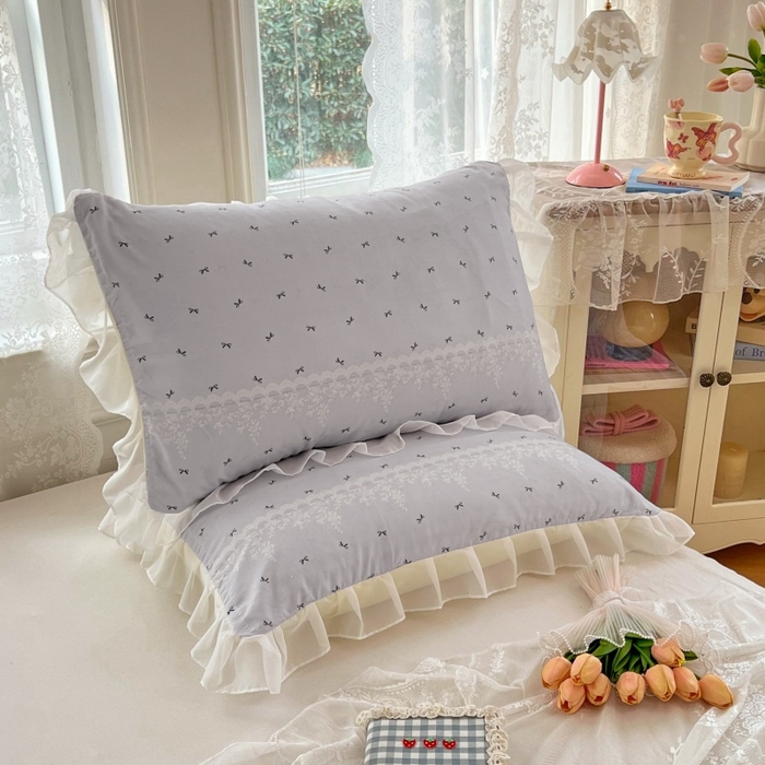 91家纺网 家纺一手货源 找家纺 梦舒羽  2025新款针织棉双层纱花边枕头套双人枕套枕芯套宿舍单人枕头内胆套 花边款-蝴蝶结