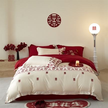 91家纺网 家纺一手货源 找家纺 （总）床绮 2025新款百喜印花婚庆四件套-风格二