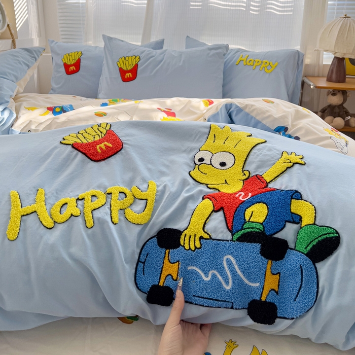 91家纺网 家纺一手货源 找家纺 罗亿家纺 2025新款云朵棉可爱毛巾绣系列四件套 调皮辛普森