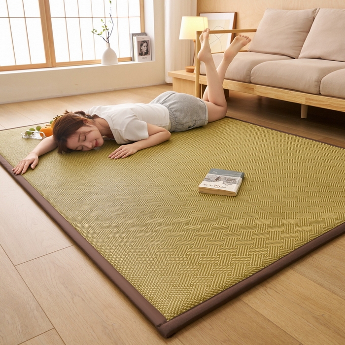 91家纺网 家纺一手货源 找家纺 艺博床垫 2025新款竹藤席地垫 饼干花-绿