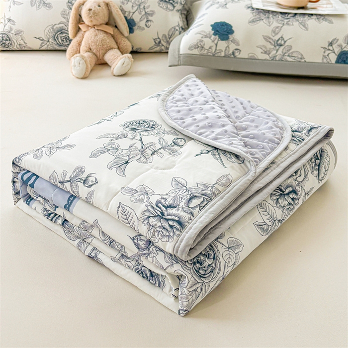 91家纺网 家纺一手货源 找家纺 雯豆2025春夏新款凉感丝夏被空调被子印花A类卡通小清新夏被 冰丝夏被四件套-诗韵