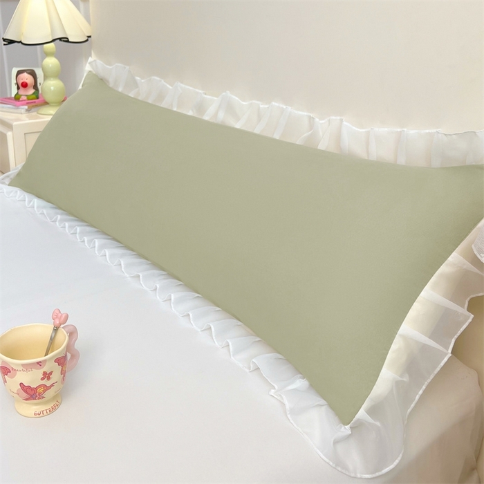 91家纺网 家纺一手货源 找家纺 梦舒羽2025新款针织棉双层纱花边枕头套情侣双人枕套枕芯套枕头内胆套 花边款-豆绿