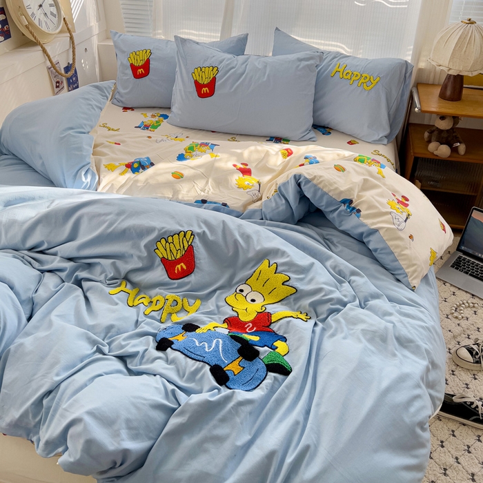 91家纺网 家纺一手货源 找家纺 罗亿家纺 2025新款云朵棉可爱毛巾绣系列四件套 调皮辛普森