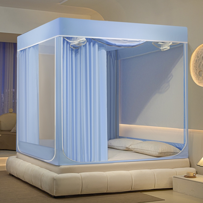 91家纺网 家纺一手货源 找家纺 兆星家纺 2025新款内穿带布帘蚊帐 款式一 纯色-蓝色（含帘）