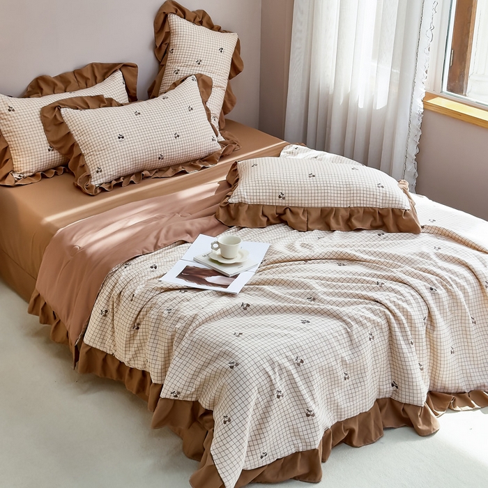 91家纺网 家纺一手货源 找家纺 梦莱斯2025新款针织棉夏被四件套 荔枝棋盘