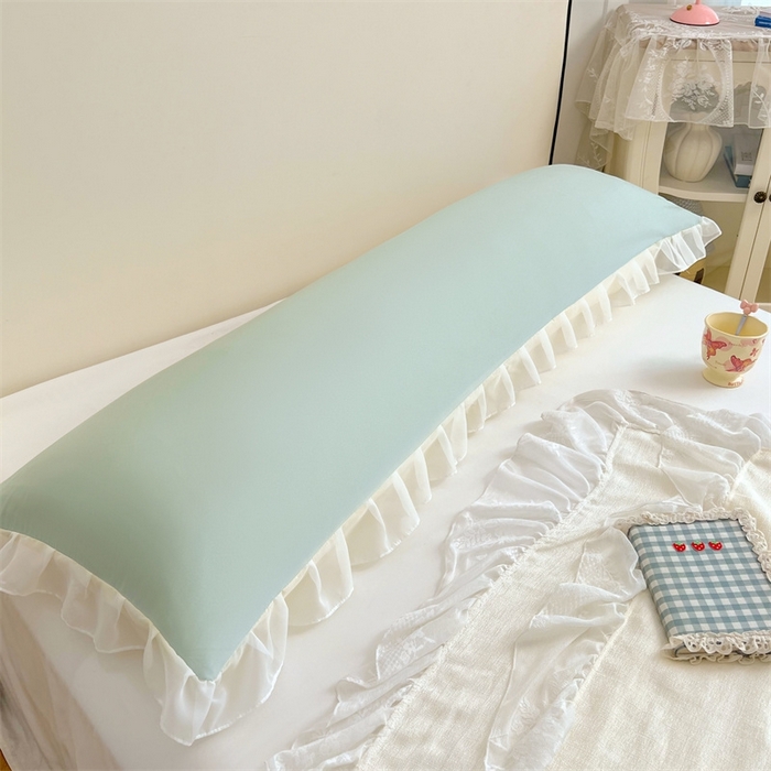 91家纺网 家纺一手货源 找家纺 梦舒羽2025新款针织棉双层纱花边枕头套情侣双人枕套枕芯套枕头内胆套 花边款-浅清绿