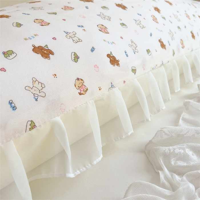 91家纺网 家纺一手货源 找家纺 梦舒羽2025新款针织棉双层纱花边枕头套情侣双人枕套枕芯套枕头内胆套 花边款-蛋糕萌犬