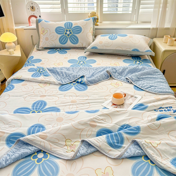91家纺网 家纺一手货源 找家纺 雯豆2025春夏新款凉感丝夏被空调被子印花A类卡通小清新夏被 冰丝夏被四件套-艾夏