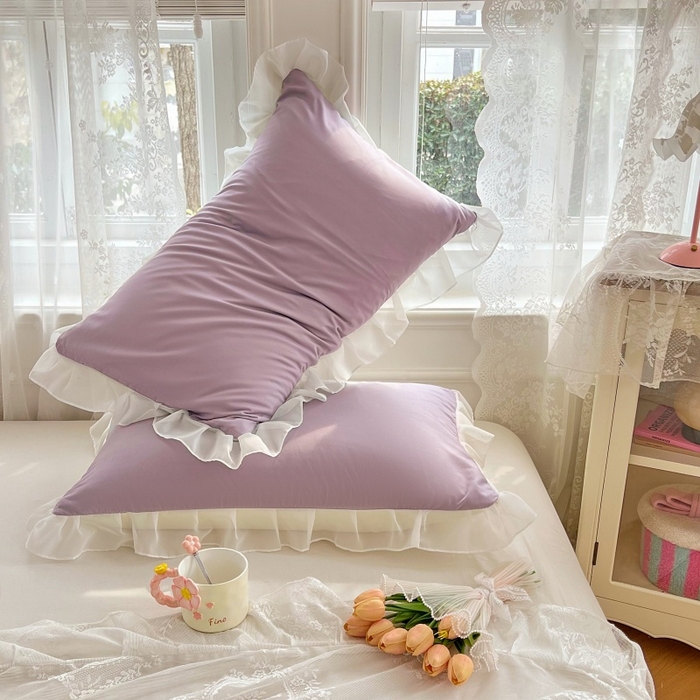 91家纺网 家纺一手货源 找家纺 梦舒羽  2025新款针织棉双层纱花边枕头套双人枕套枕芯套宿舍单人枕头内胆套 花边款-香芋紫