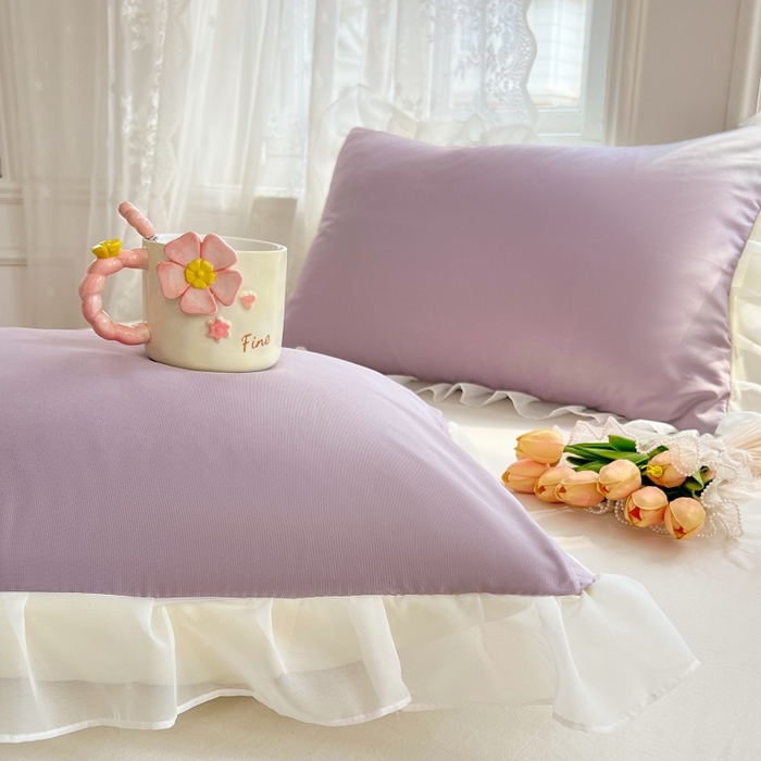 91家纺网 家纺一手货源 找家纺 梦舒羽  2025新款针织棉双层纱花边枕头套双人枕套枕芯套宿舍单人枕头内胆套 花边款-香芋紫