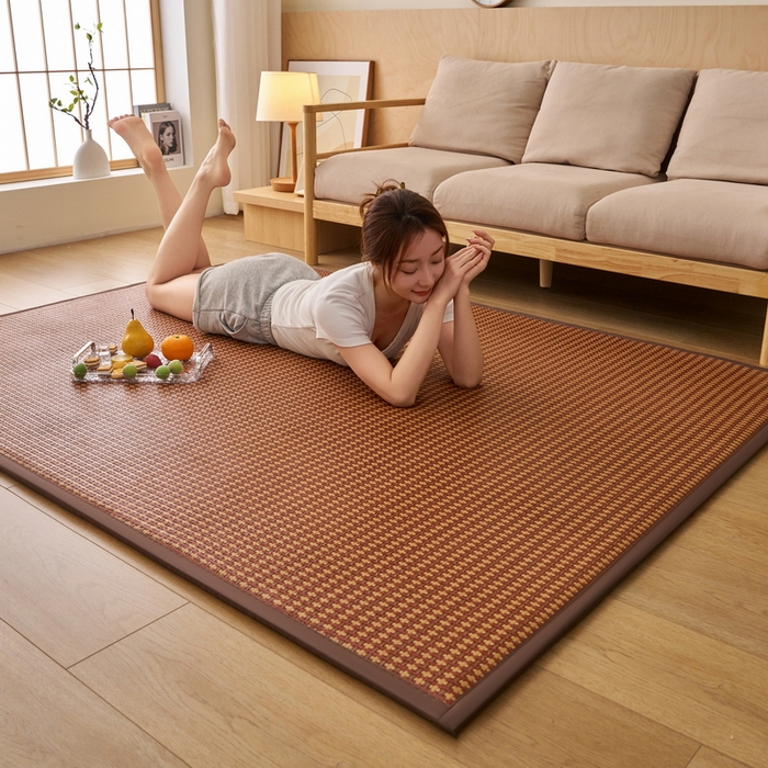 91家纺网 家纺一手货源 找家纺 艺博床垫 2025新款竹藤席地垫 玉米格-棕