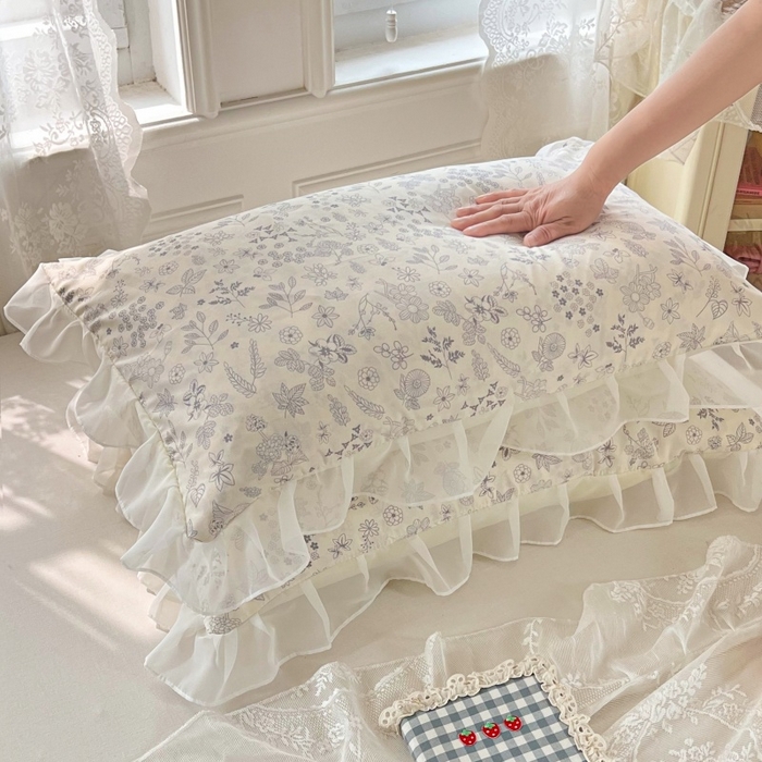 91家纺网 家纺一手货源 找家纺 梦舒羽  2025新款针织棉双层纱花边枕头套双人枕套枕芯套宿舍单人枕头内胆套 花边款-镜花水月