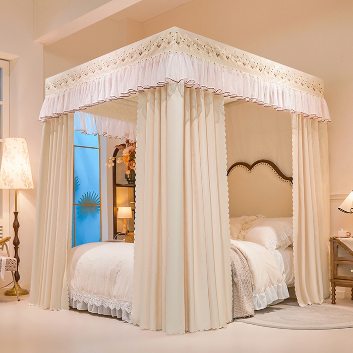 91家纺网 家纺一手货源 找家纺 锦逸家居 2025新款双层遮光防蚊落地蚊帐 奶油米