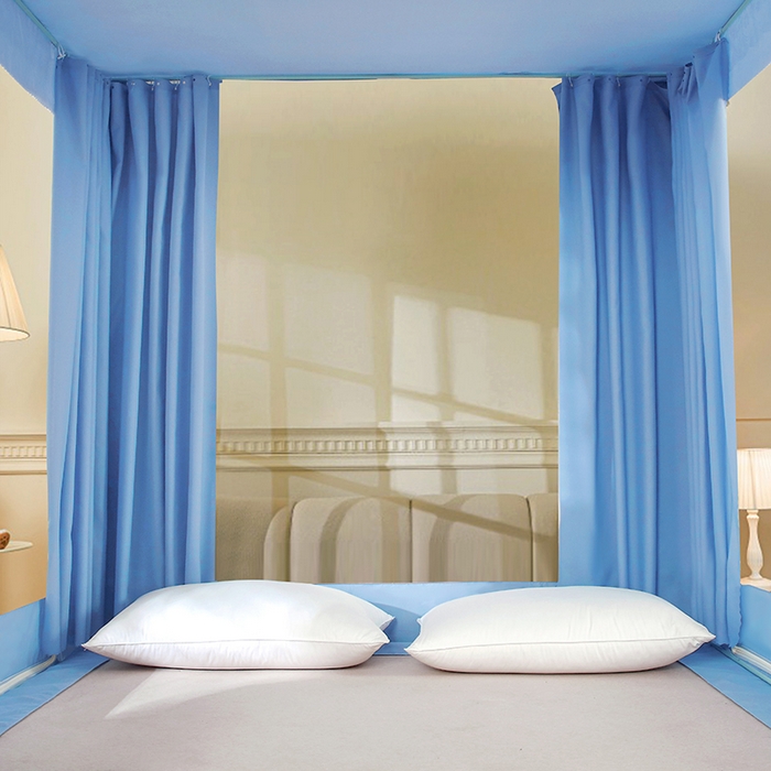 91家纺网 家纺一手货源 找家纺 显高蚊帐 2025新款U型坐床遮光防尘床帘式蚊帐 时尚蓝