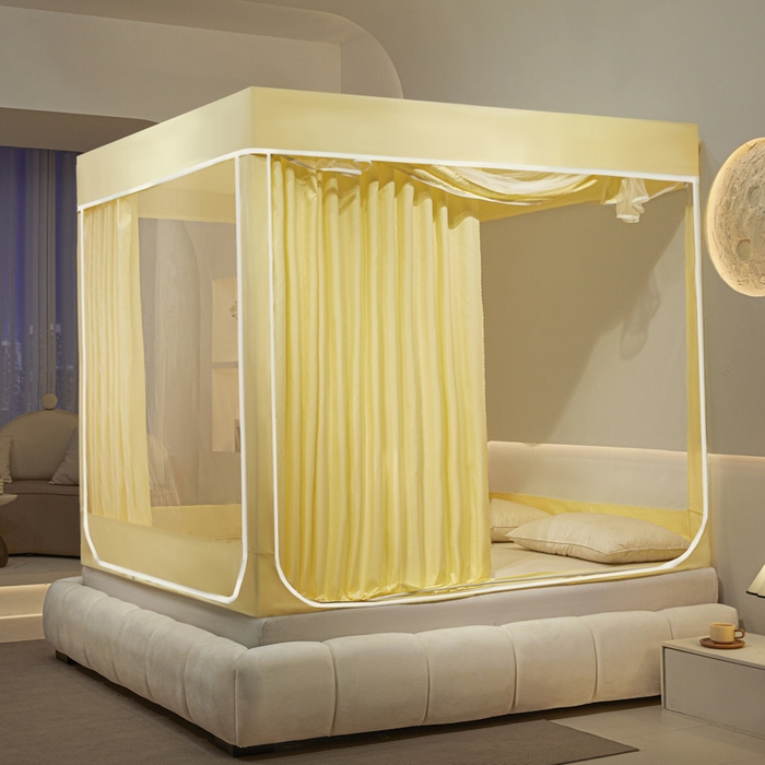 91家纺网 家纺一手货源 找家纺 兆星家纺 2025新款内穿带布帘蚊帐 款式一 纯色-米黄（不含帘）