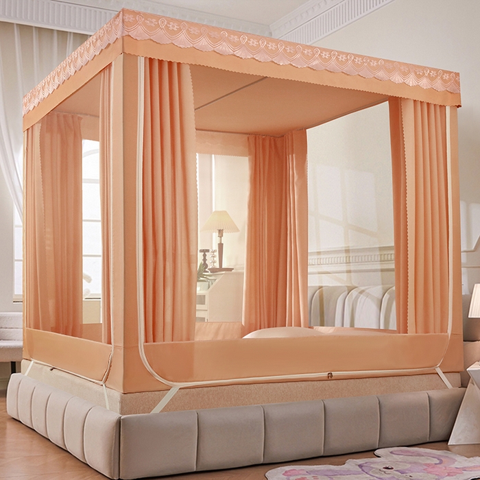 91家纺网 家纺一手货源 找家纺 显高蚊帐 2025新款U型坐床遮光防尘床帘式蚊帐 温馨黄