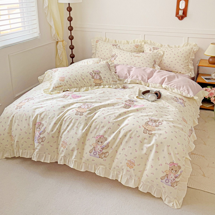 91家纺网 家纺一手货源 找家纺 澳梵家居 2025新款全棉印花韩版花间捕梦四件套 乖乖熊