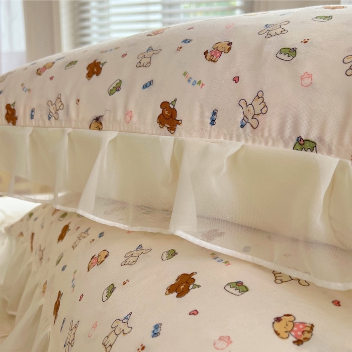 91家纺网 家纺一手货源 找家纺 梦舒羽  2025新款针织棉双层纱花边枕头套双人枕套枕芯套宿舍单人枕头内胆套 花边款-蛋糕萌犬