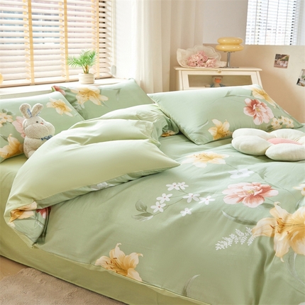 梦舒羽2025新款全棉小清新印花加厚宿舍床单床裙款四件套 圣洁绿-全棉