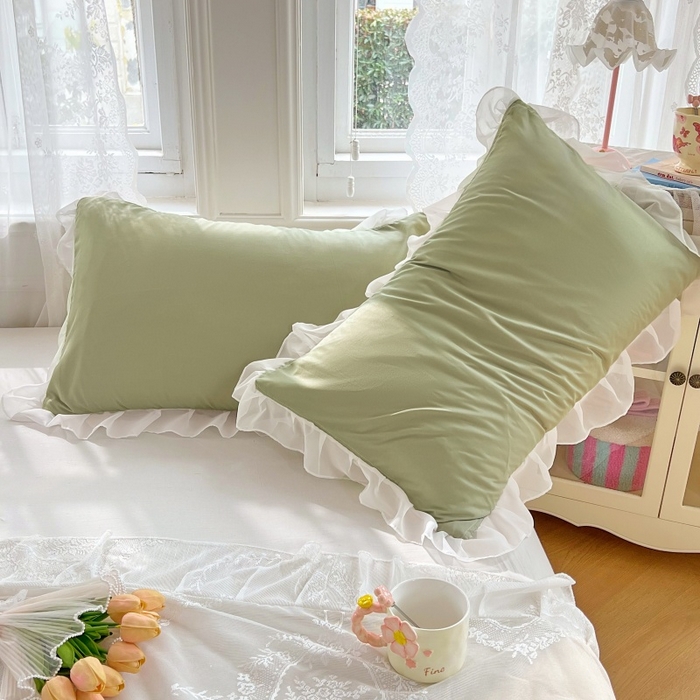 91家纺网 家纺一手货源 找家纺 梦舒羽  2025新款针织棉双层纱花边枕头套双人枕套枕芯套宿舍单人枕头内胆套 花边款-豆绿